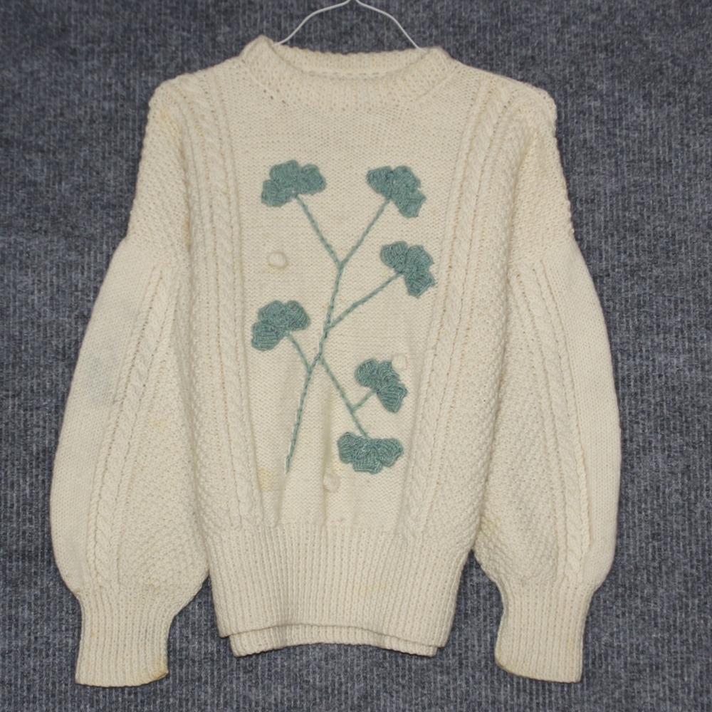 Vintage Cream‎ Cable Knit Floral Embroidered Sweater Womens Large